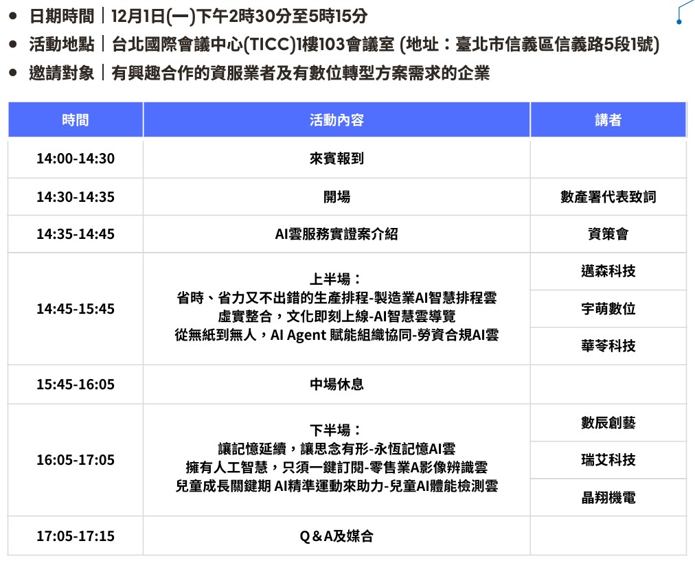 AI雲服務實證案推廣活動議程